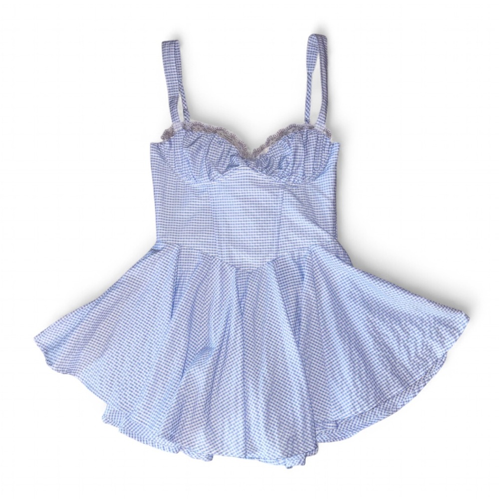American Threads Blue and white gingham babydoll dress with ruffled bust